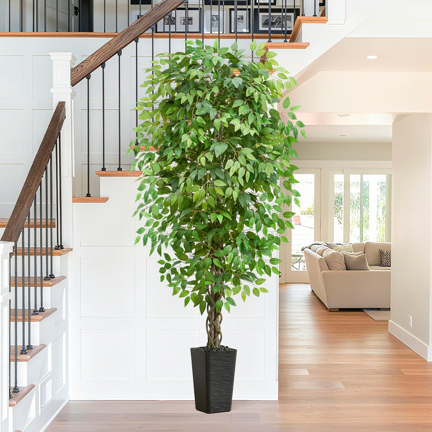 Artificial Ficus Tree 6FT Faux Plants Indoor Tall Fake Plants with Black Square Planter, Green Lifelike Lush Fake Ficus Tree for Home Living Room Bedroom Outdoor Balcony House Office Decor