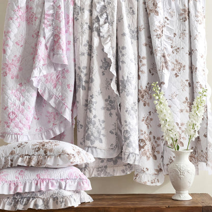 HORIMOTE HOME Greyish Blue Ruffled Quilt King Size with 2 Pillow Shams, Shabby Chic Reversible Floral Bedspread Coverlet, Soft Lightweight Comforter Bed Cover for All Season, 3 Pieces, 106x96 inches