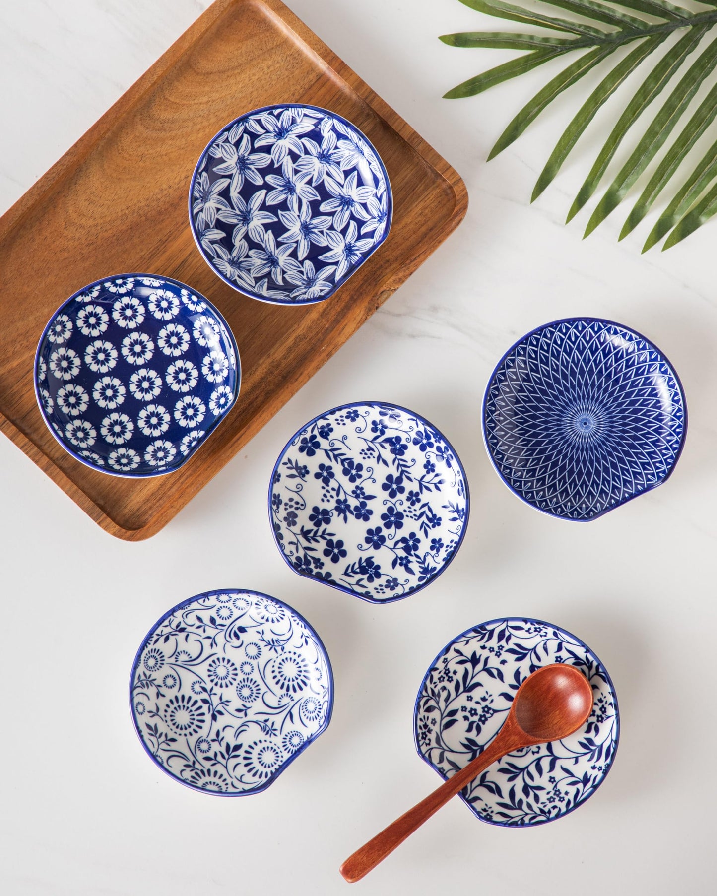 vancasso 6-Pack Ceramic Spoon Rest for Stove Top, Decorative Ceramic Cooking Spoon Holder for Kitchen Counter, 4.8 Inch Blue White Chinoiserie Floral Spoon Rest, Farmhouse Style, SELENE Series