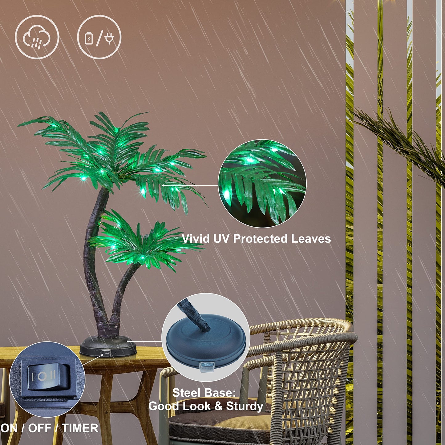 LIGHTSHARE 24Inch Twins Palm Tree Bonsai 25LED Lights,Green Light,Battery Powered or Plug-in Adapter (Included), Built-in Timer