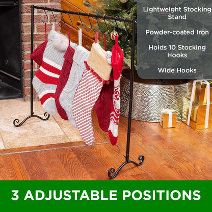 BIRDROCK Home 10-Hook Christmas Stocking Holder Stand | Lightweight Iron Metal Freestanding Rack for Holiday Decor | Versatile Stocking & Ornament Hanger Display for Home, Floor & Living Room - Black
