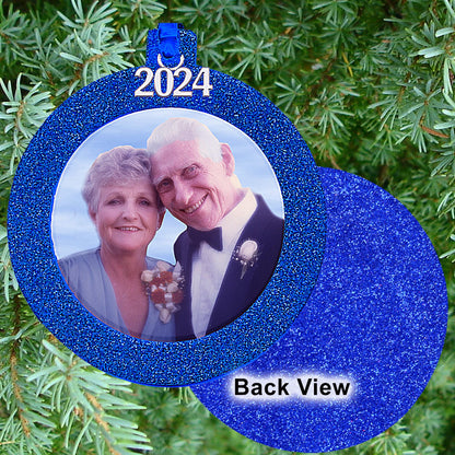 2024 Photo Ornaments for Christmas Tree, Sparkly Glitter Christmas Frame Ornament, Easy-Load Magnetic Design, Includes Satin Ribbon with Silver Charm Plus Photo Protector, Round, Blue