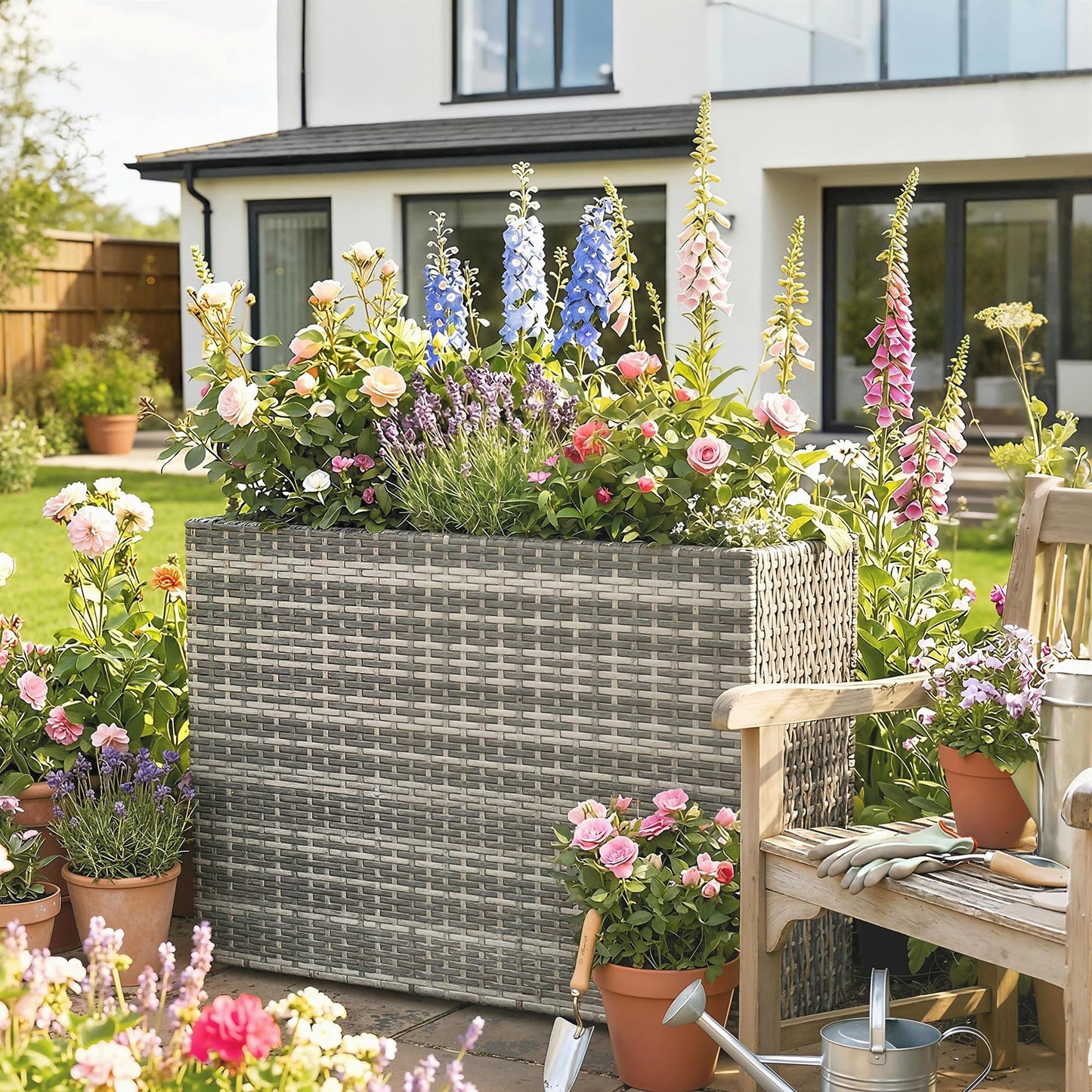 Outsunny Tall Rectangular Planter with Removable Liner, PE Wicker Large Planters for Outdoor Plants, Freestanding Indoor Outdoor Planter Box with Drainage Holes for Flowers, Vegetables, Gray