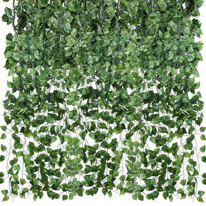 CEWOR 48 Pack 7 Feet Artificial Ivy Garlands, Fake Vines Greenery Hanging Plants Green Leaves Backdrop for Room Bedroom Wall Decor, Jungle Themed Party Wedding Decorations