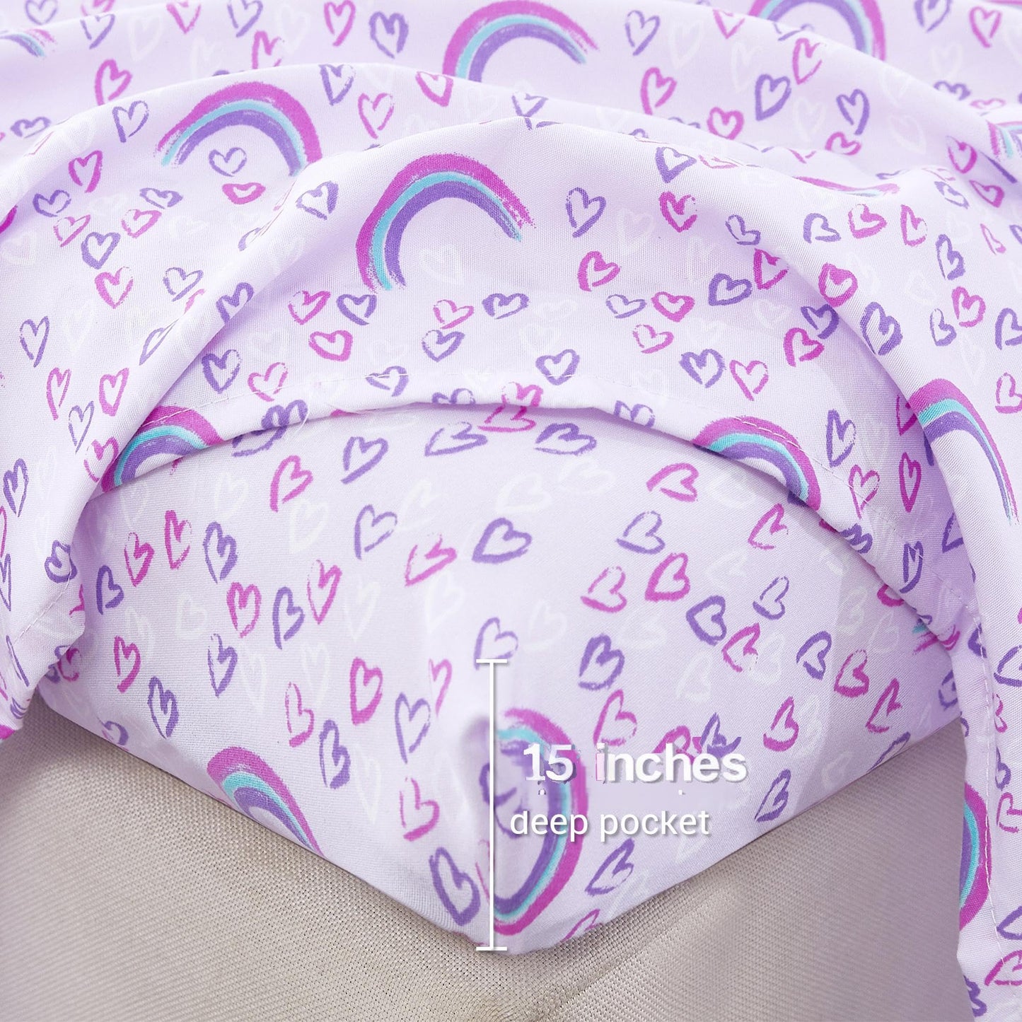 Softan Kids Bed Sheet Set, 4-Piece Full Size Sheets, Microfiber Fitted Sheet with 15 Inches Deep Pocket and Corner Straps, Breathable & Silky Soft Purple Love Rainbow Pattern Sheet and Pillowcase Sets