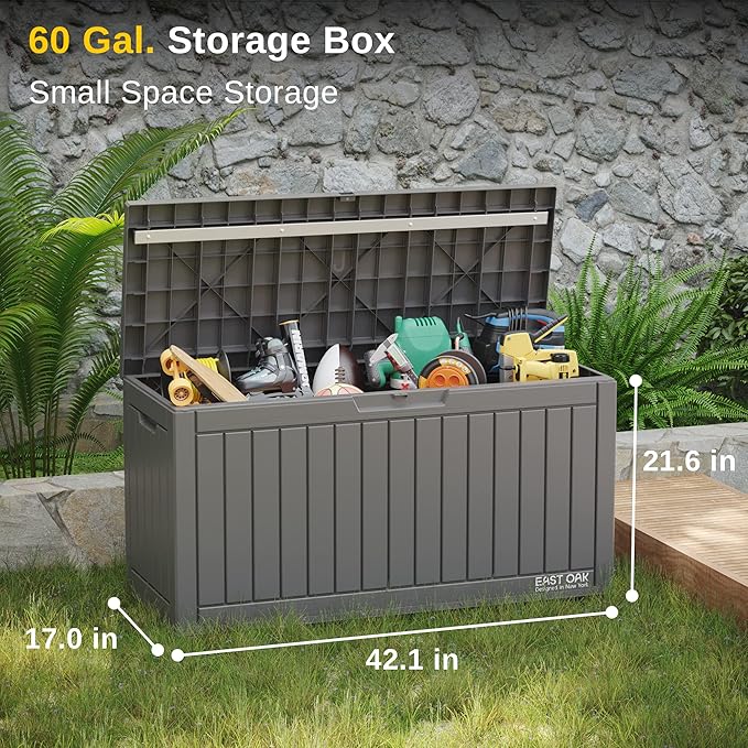 EAST OAK 60 Gallon Deck Box, Outdoor Storage Box with Padlock for Patio Furniture, Patio Cushions, Gardening Tools, Pool Supplies, Waterproof and UV Resistant Resin, Grey