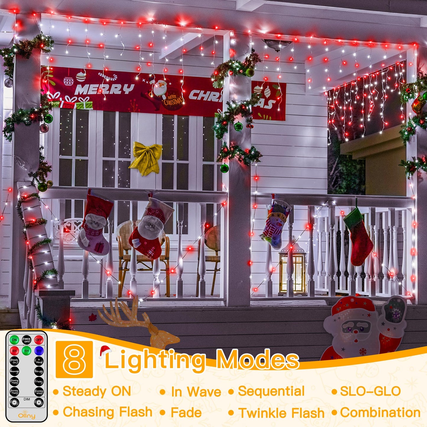 Ollny Icicle Lights for Outside 504LED 41FT, Red and White Christmas Light with Remote 8Modes Timers Waterproof, Plug in Connectable Hanging Lights for Outdoor Indoor House Roof Holiday