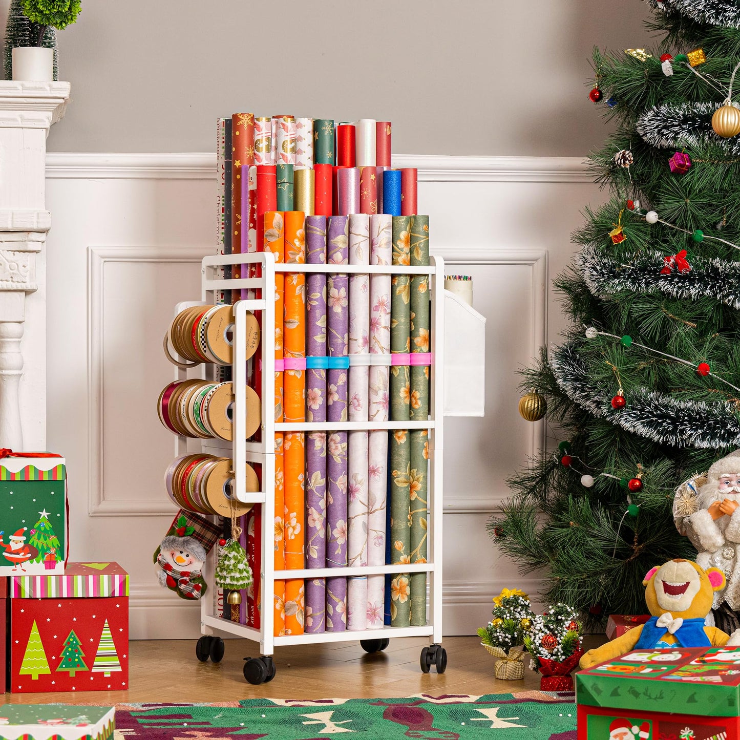 Aquzee Gift Wrapping Paper Organizer Storage, Rolling Gift Wrap Storage Stand, Vertical Wrapping Paper Storage Cart, Ribbon Organizers, 12 PCS Slap Bracelets, Adjustable Rod Design, White