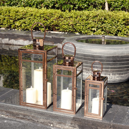 TRIROCKS Set of 3 Stainless Steel Candle Lantern 19'' High Metal Candle Holder with Clear Glass Panels Perfect for Home Decor Living Room Parties Events Tabletop Indoors Outdoors (Rose Gold)