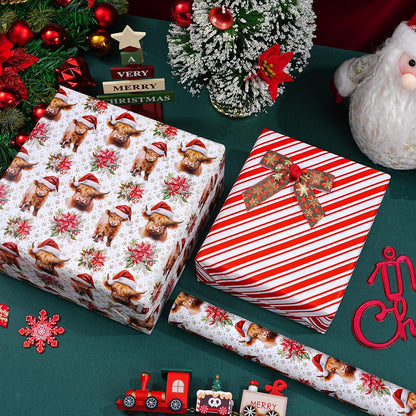 ZINTBIAL Highland Cow Reversible Christmas Wrapping Paper Roll - Gift Wrap with Red & White Stripes on Reverse - Perfect for Holidays, Birthdays, and Halloween - 17.5 in x 33 ft (48 sq. ft)