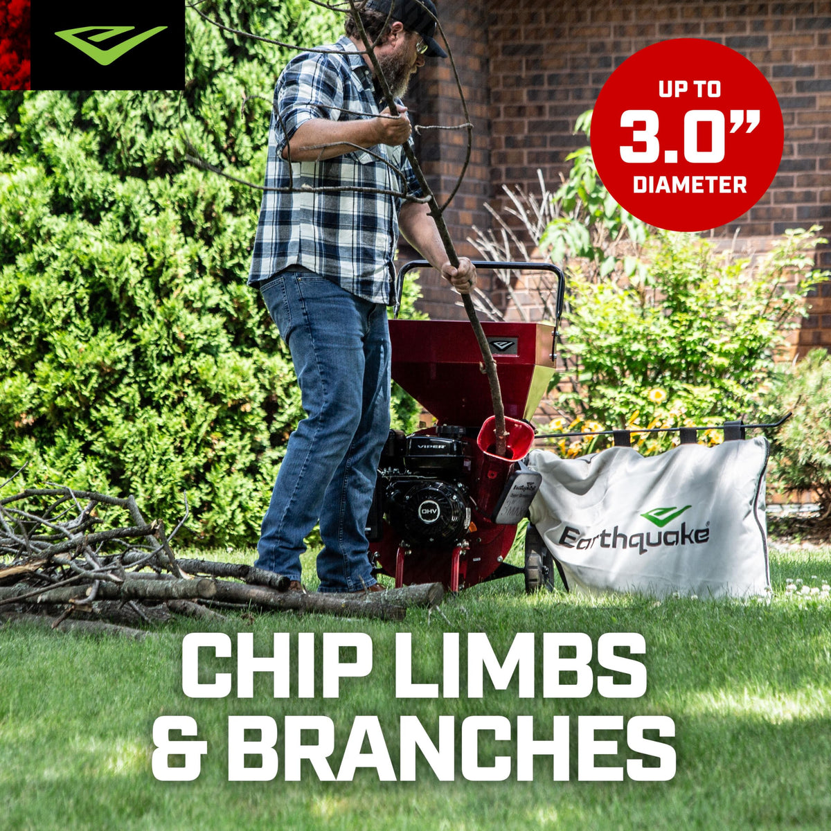 Earthquake 33968 K32 Chipper Shredder, Heavy Duty 212cc 4 Cycle Viper Engine, Chip Branches up to 3” in Diameter, 20:1 Reduction, Airless Wheels, Included Debris Bag, Red