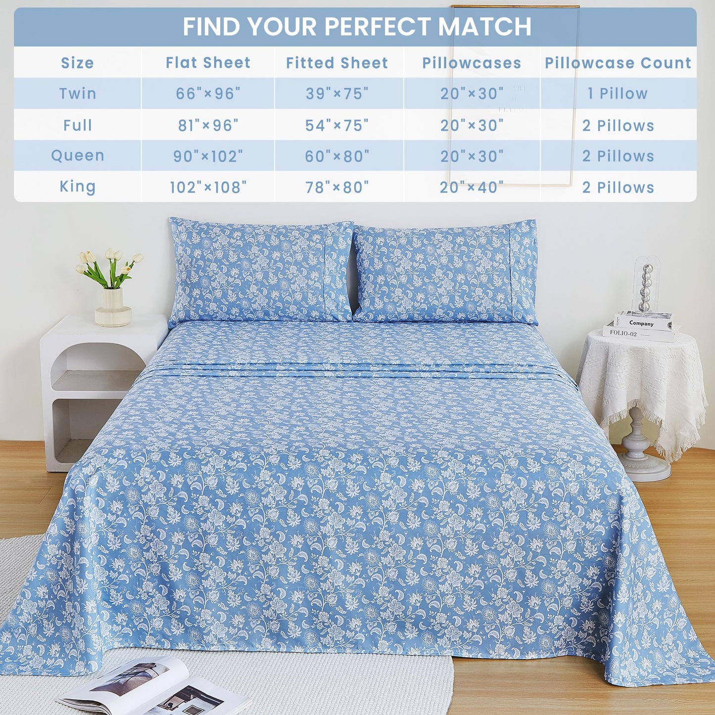 Mooreeke Cozy Vintage Microfiber Printed Queen Sheet Set - Soft & Breathable Percale Blue Paisley Bed Sheets with Extra Deep Pocket - Non-Slip Fitted Design - Blue Flower Pattern - Queen