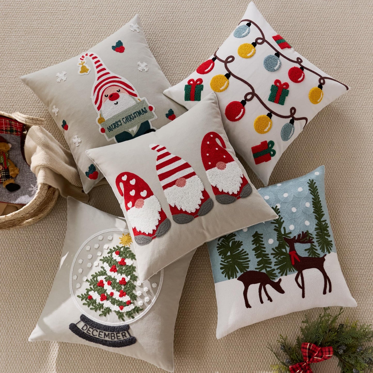 Farmhouse Christmas Pillow Covers 18x18 Set of 2, Xmas Embroidered Throw Cushion Cases with Festive Patterns for Rustic Home Holiday Decor (New Year White, 18" x 18" (Pack of 2))