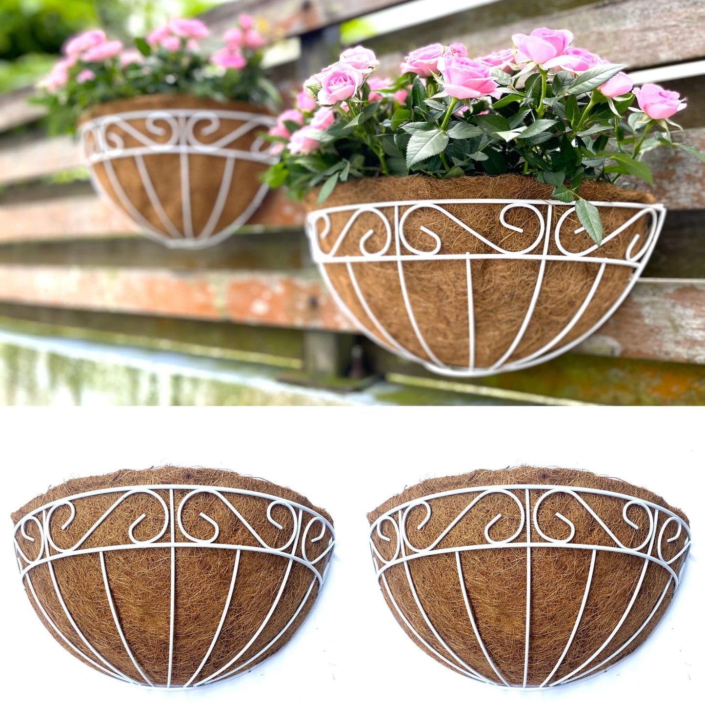 LaLaGreen Wall Mounted Flower Baskets (2 Pack, 14 Inch) Large Wall Hanging Planter with Coco Liner for Outdoor Plants, White Metal Fence Pots Holder Rail Railing Deck Porch Balcony Garden Patio Decor