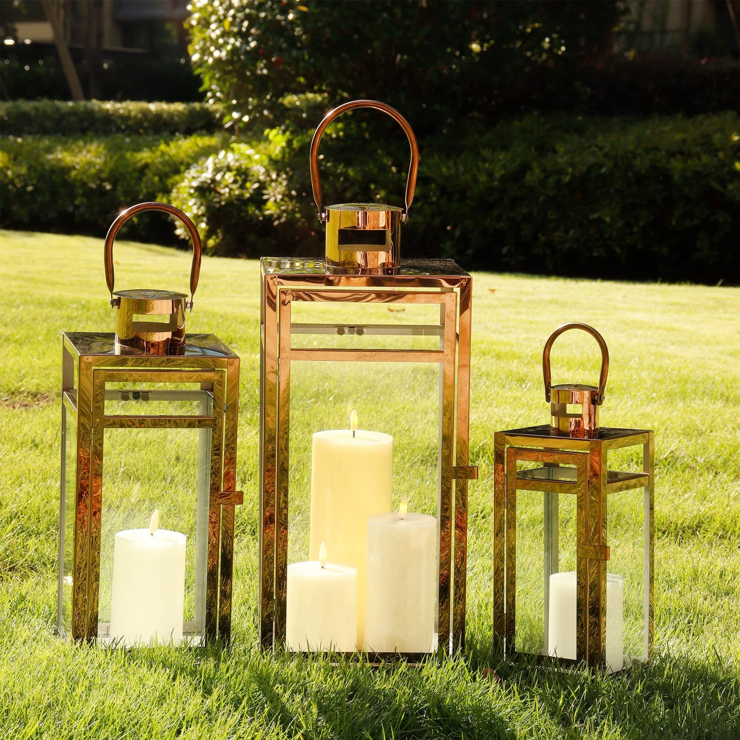 TRIROCKS Set of 3 Stainless Steel Candle Lantern 19'' High Metal Candle Holder with Clear Glass Panels Perfect for Home Decor Living Room Parties Events Tabletop Indoors Outdoors (Rose Gold)