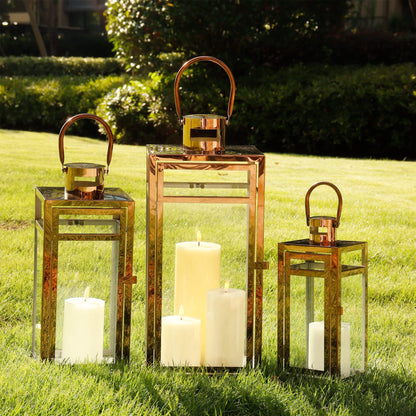 TRIROCKS Set of 3 Stainless Steel Candle Lantern 19'' High Metal Candle Holder with Clear Glass Panels Perfect for Home Decor Living Room Parties Events Tabletop Indoors Outdoors (Rose Gold)