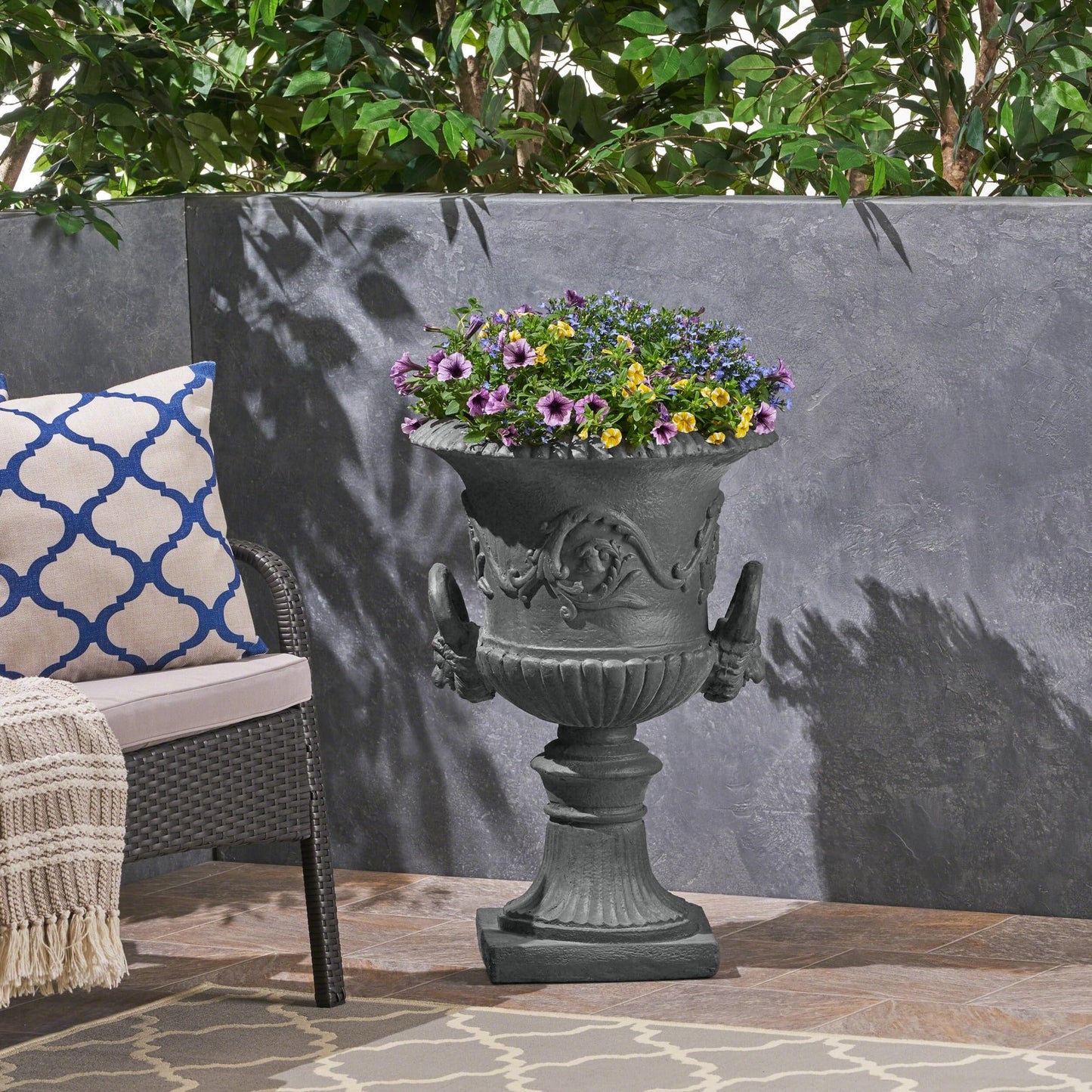 PETALORE Antique Gray Large Urn Planter Outdoor, Tall Pedestal Planters for Outdoor Plants, Classic Roman Garden Urn Flower Pot with Square Base, Magnesium Oxide Faux Stone Planter for Patio or Porch