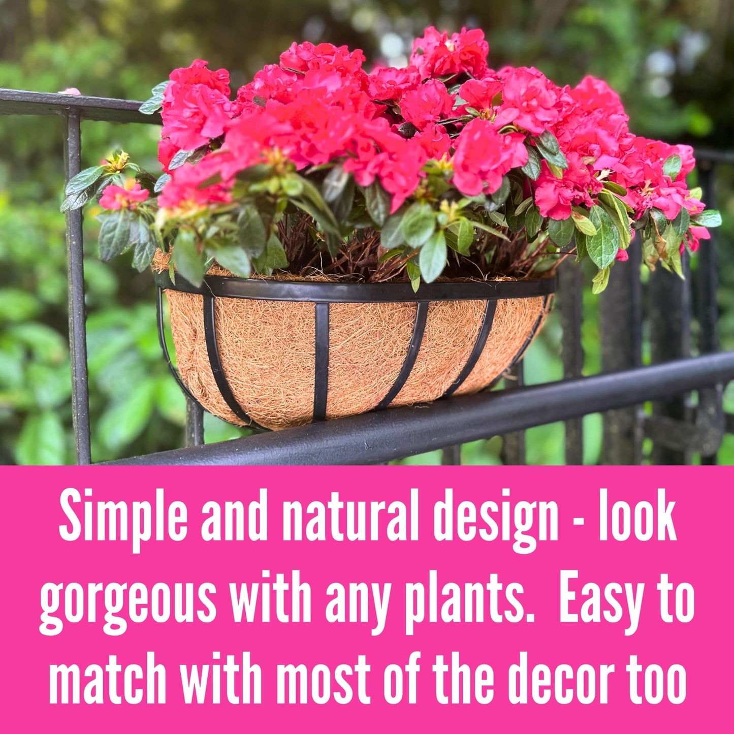 LaLaGreen Deck Railing Planter Boxes (16 Inch, 2 Pack) Black Metal Rectangular Hanging Planters with Coco Liner, Adjustable Flower Planter Box Brackets for Plants Fence Balcony Patio Porch Over Rail