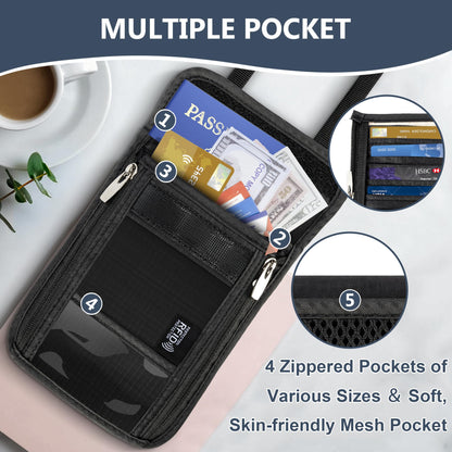 Likesing 5.5" L x 7.7" W Travel Neck Wallet, RFID Blocking Passport Holder for Travel Women Men, Security Passport Travel Wallet with 10 Card Slot, Neck Pouch Gifts for Traveling Family (Black)