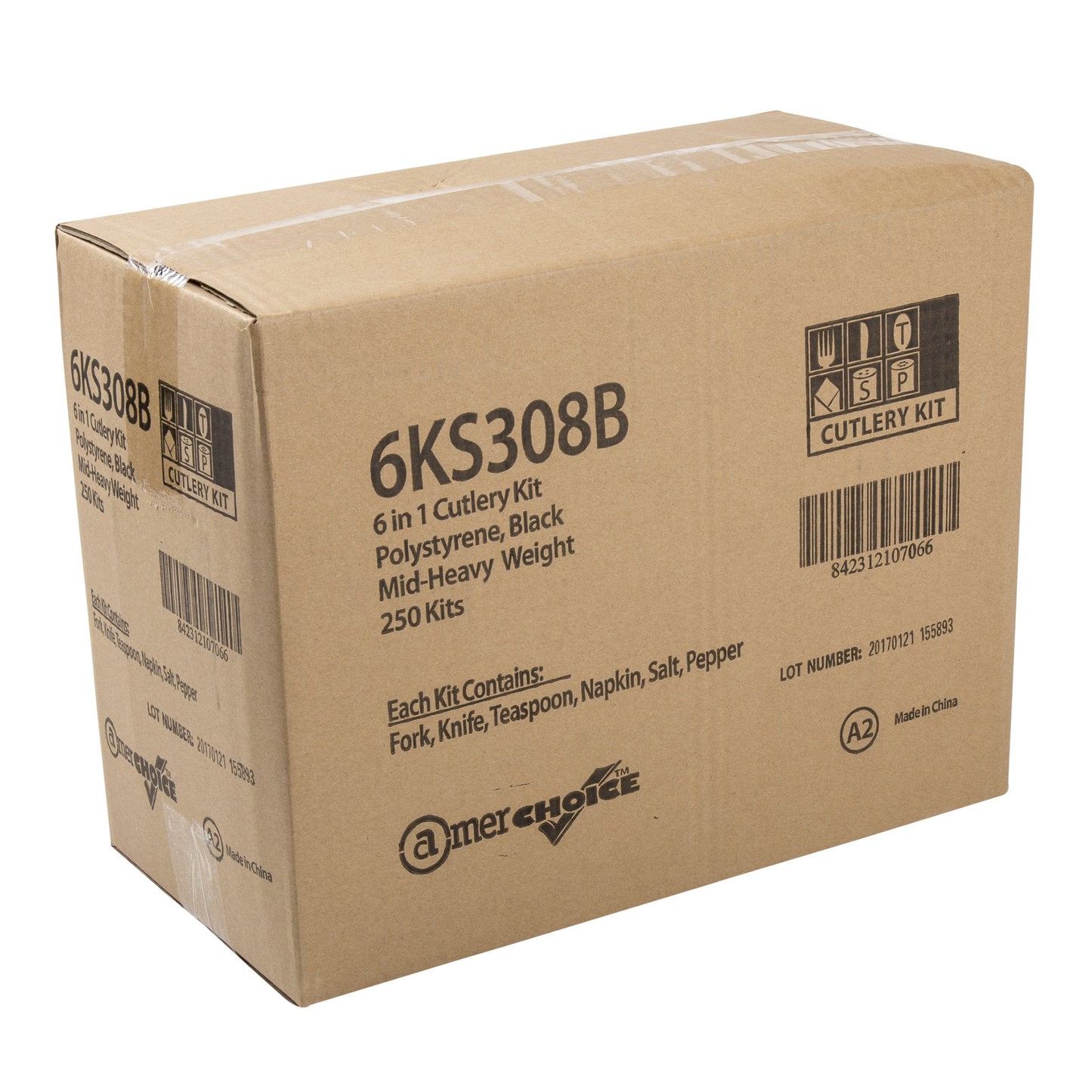 AmerCare Six Piece Meal Kit with 12 x 13 Napkin, Salt and Pepper, Medium-Heavy Weight Fork, Knife, and Teaspoon, Case of 250