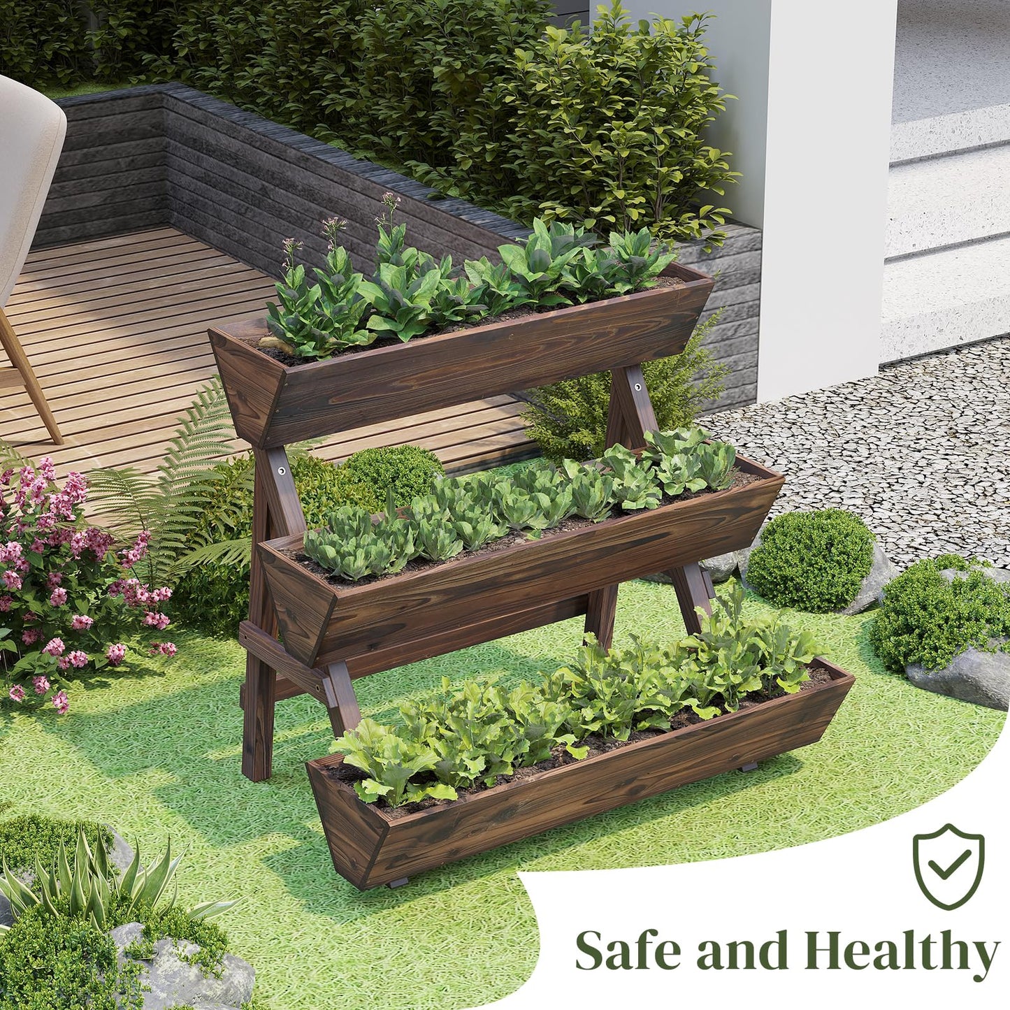 PULIJIAJU 3-Tier Wooden Vertical Raised Garden Bed with Legs, Tiered Planter Box, Vertical Garden Planter,Wood Plant Stand Wood Flower Rack for Patio, Balcony, Freestanding. (Carbonized-Large)