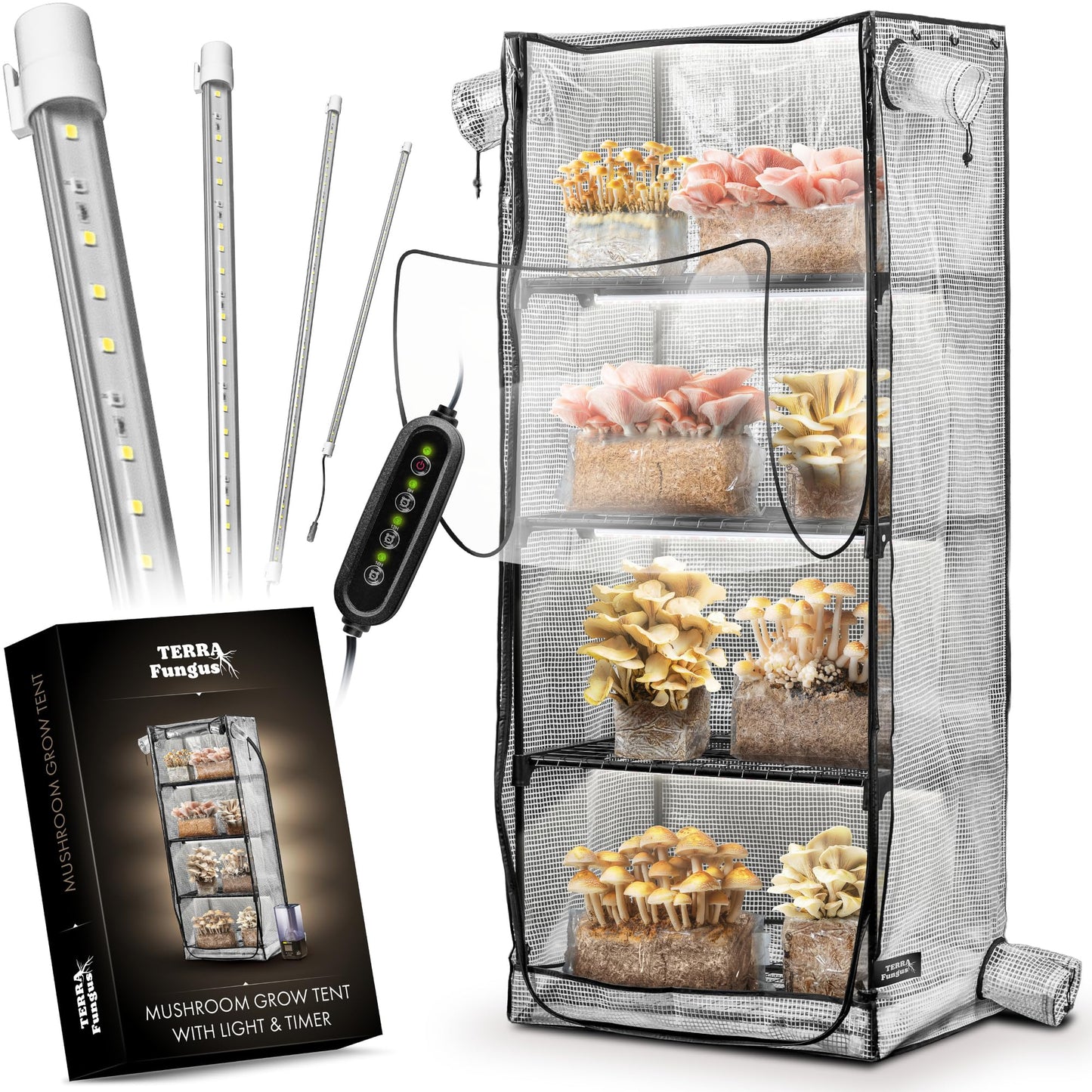 Mushroom Grow Tent with 6500K LED Light & Timer, 4-Tier Shelves Fit Up to 8 Monotubs, Mini Indoor Greenhouse with Grow Light, Waterproof Tray, 4 Vents, Martha Tent