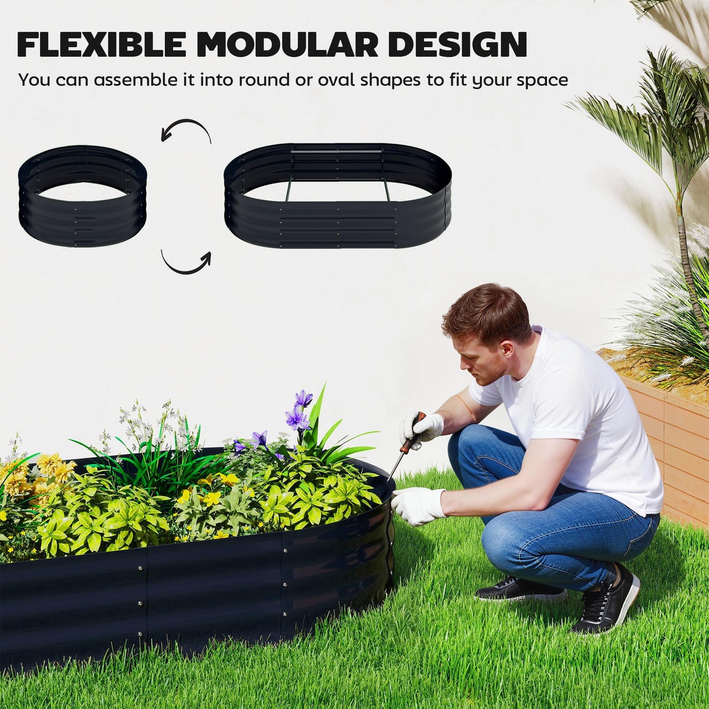 Outsunny Galvanised Raised Garden Bed with Arched Trellis, 5 x 3 x 6ft Metal Outdoor Planter Box with Open Bottom Design, Modular Raised Bed with Gloves for Vegetable Flower, Easy Assembly, Dark Gray