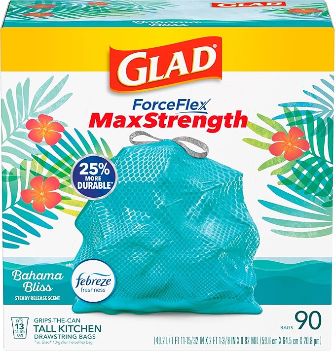 Glad ForceFlex MaxStrength Kitchen Trash Bags, 13 Gal, Bahama Bliss Febreze