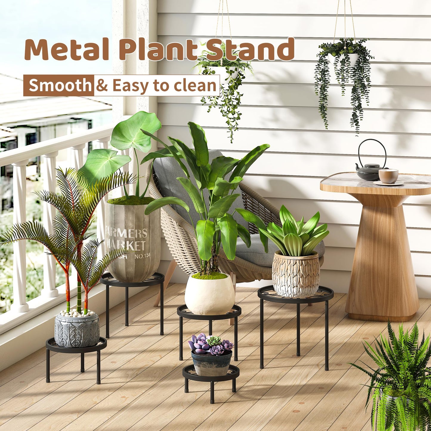 Plant Stand Indoor Outdoor 5 Pack Heavy Duty Metal Stand Multiple Plants, Anti-Rust Iron Flower Pot Stand Decoration Racks Plant Pot Shelf for Living Room Garden Balcony (Black)