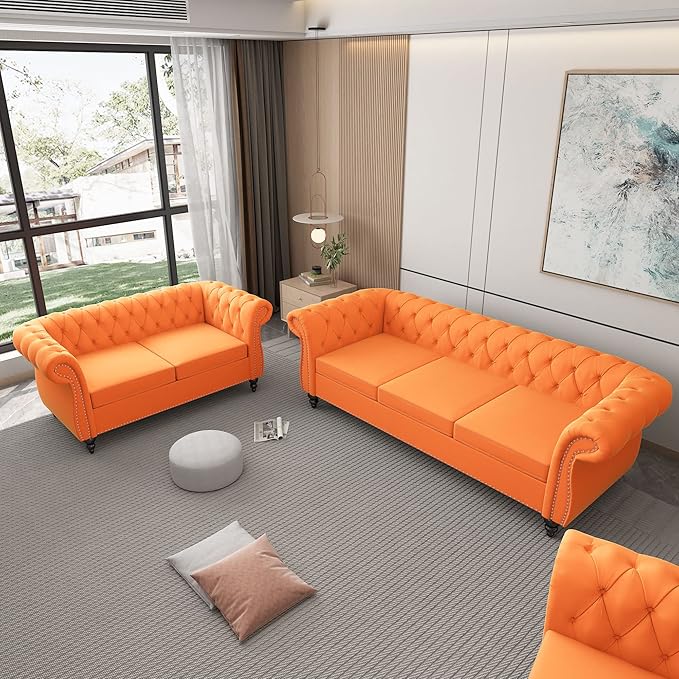 ORRD 2 Piece Living Room Set, Velvet Chesterfield Sofa Loveseat Couch