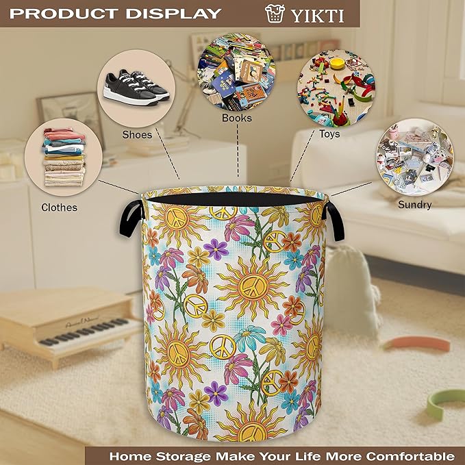 Collapsible Laundry Basket, Vintage Peace Symbol Dirty Clothes Hamper, Hippie