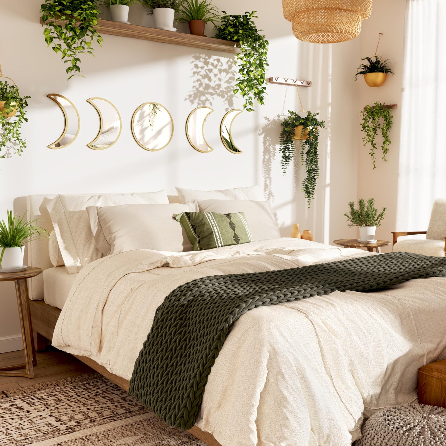 HMANGE 10.4" Raw Acrylic Moon Phase Wall Mirror Set - 5-Piece Boho Celestial Decor for Living Room Bedroom Entryway, Easy Stick-On Installation, Shatterproof Safety Design