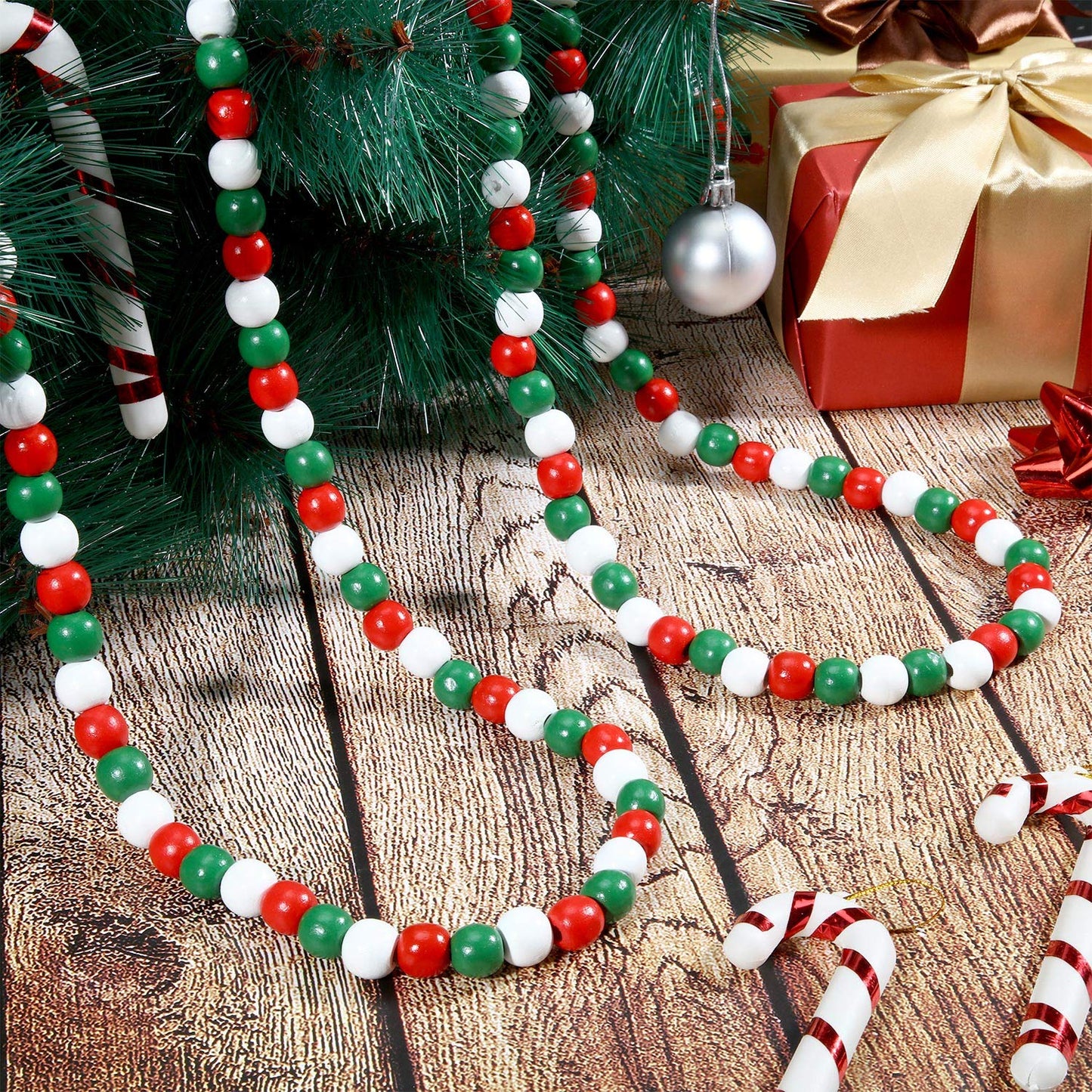 Hicarer 16 Feet Christmas Wooden Bead Garland Christmas Wood Bead Garland Decor Xmas Candy Cane Decoration Farmhouse Rustic Tree Decoration for Holiday Party(Mixed Red, White, Green)
