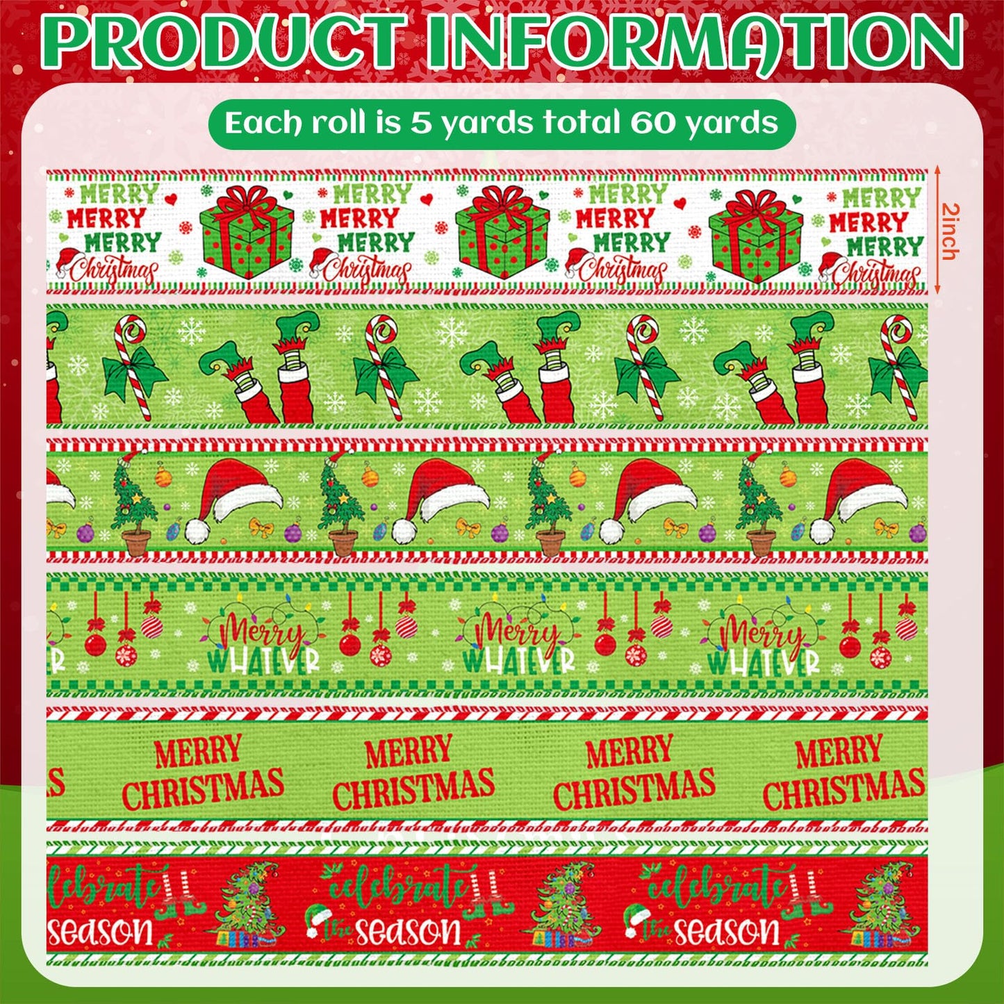 Chunful 12 Rolls Green Christmas Wired Edge Ribbon 2 Inch 60 Yards Red and Green Strip Dot Burlap Ribbon Crafts Fabric Decorative for Gift Wrapping Hair Bow Sewing Wreath Supplies