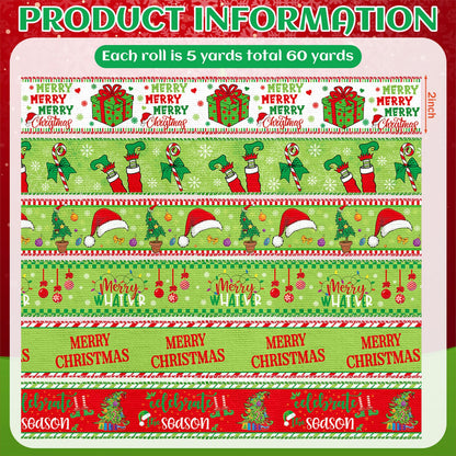 Chunful 12 Rolls Green Christmas Wired Edge Ribbon 2 Inch 60 Yards Red and Green Strip Dot Burlap Ribbon Crafts Fabric Decorative for Gift Wrapping Hair Bow Sewing Wreath Supplies