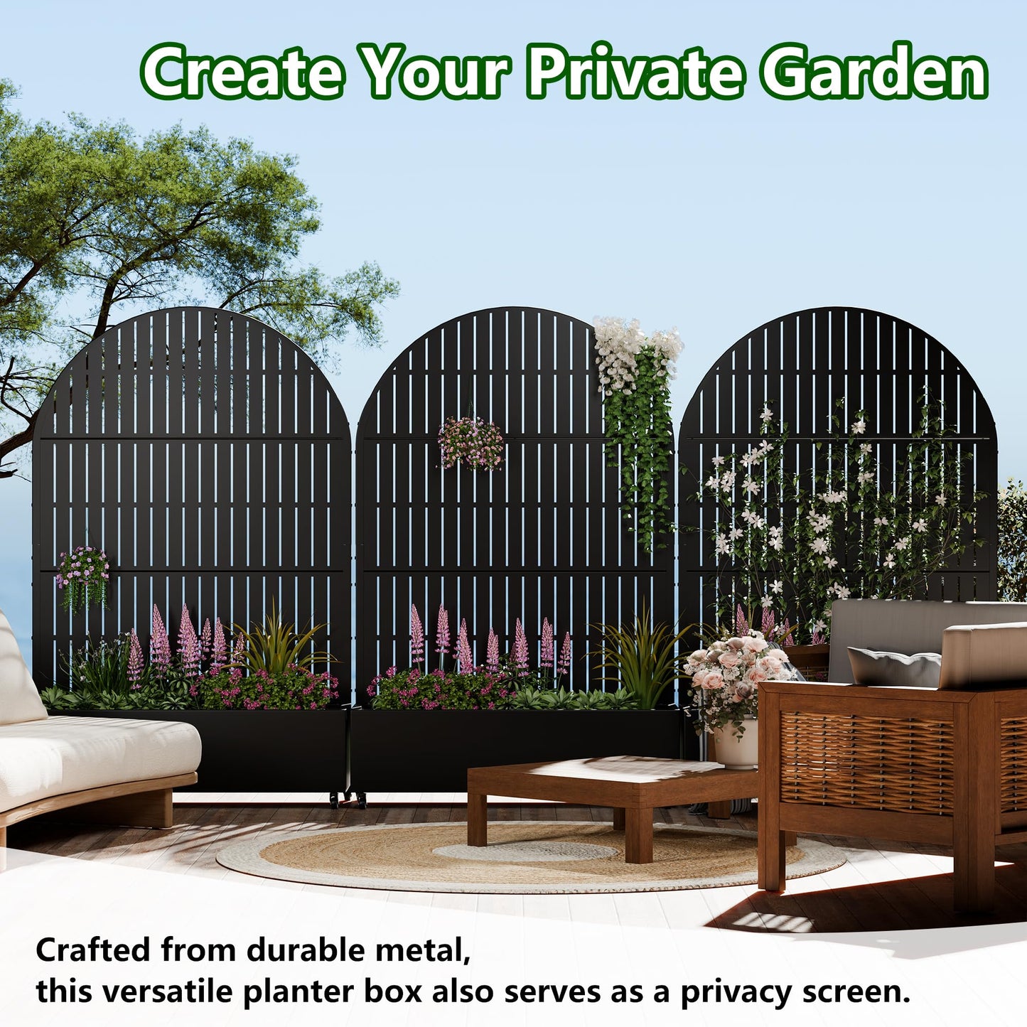 Casaphoria Raised Garden Bed Metal Planter Box with Trellis, 72"x47"x16" for Outdoor Climbing Plants, Flowers Vegetables and Vines Privacy Screen with Wheels and Drainage Holes(Black Vertical)