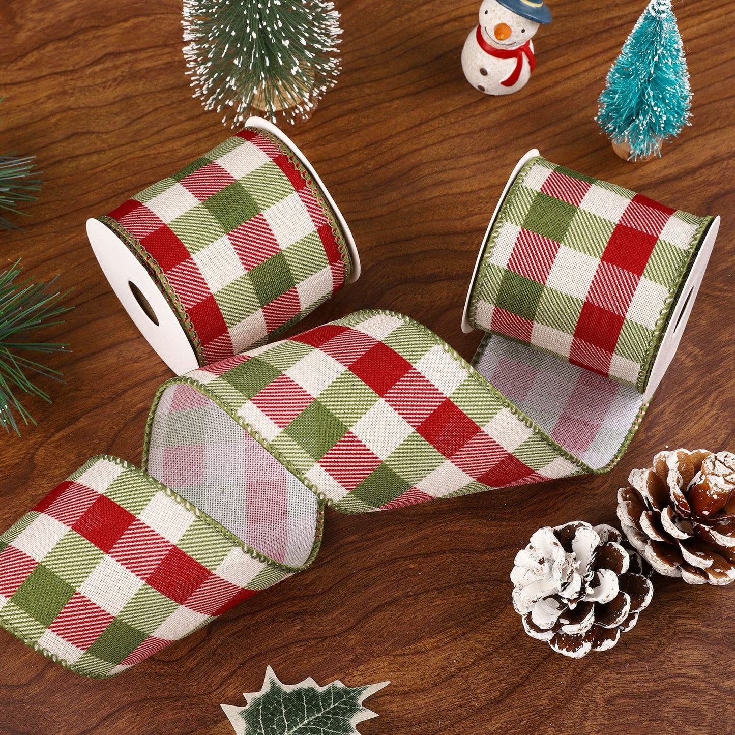 Whaline 2 Rolls Wired Edge Plaids Ribbon - Christmas Buffalo Check Red Green, 2.5 Inch Farmhouse Craft for DIY Gift Wrapping, Wreath, Xmas Tree Bow Decoration, 10 Yards