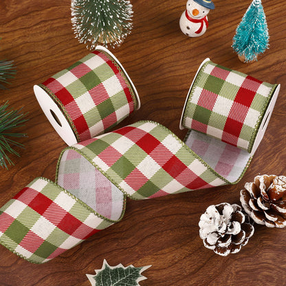 Whaline 2 Rolls Wired Edge Plaids Ribbon - Christmas Buffalo Check Red Green, 2.5 Inch Farmhouse Craft for DIY Gift Wrapping, Wreath, Xmas Tree Bow Decoration, 10 Yards