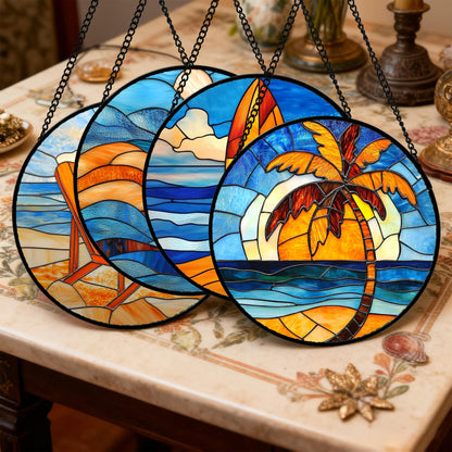 DASTOLL Stained Glass Window Hanging 4 Pcs Set Blue Orange Ocean Beach Theme 6.3" - Suncatcher Door Garden Sun Catcher Decor Birthday Christmas for Mom Woman Nana Men Wife