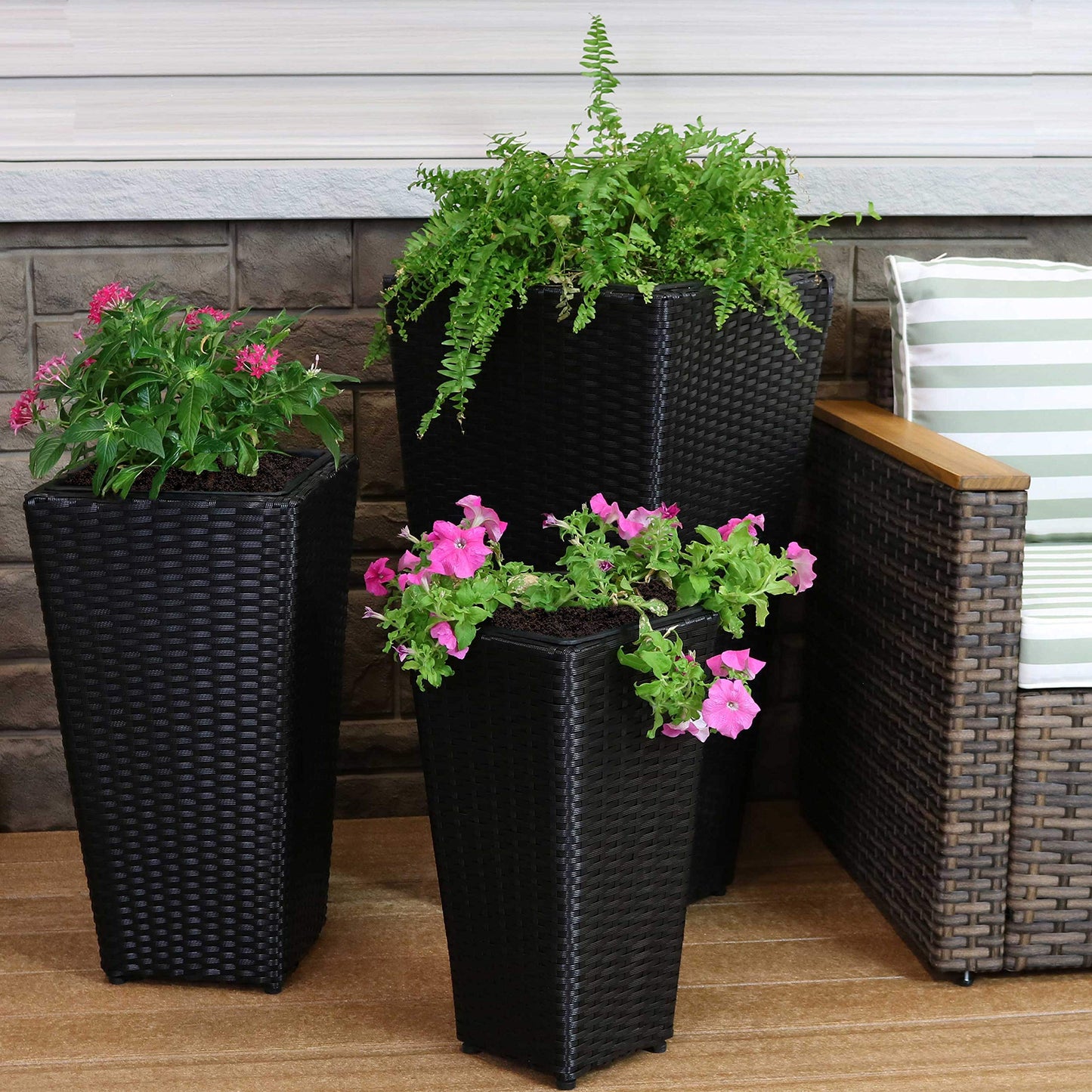Sunnydaze Square Tall Wicker Outdoor Planter Set of 3 - Polyrattan Large Outdoor Planters for Porch, Patio or Garden - 9", 11.5", 14.75" Tall Plant Pots - Black
