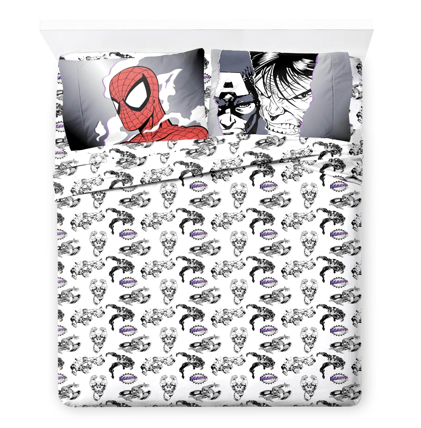 Jay Franco Kids Comforter Set Includes Sheets and Pillow Covers - Soft and Cozy Bed Set for Stylish Room Decor, Black - Marvel Comics, 7 Piece Queen Size Bedding
