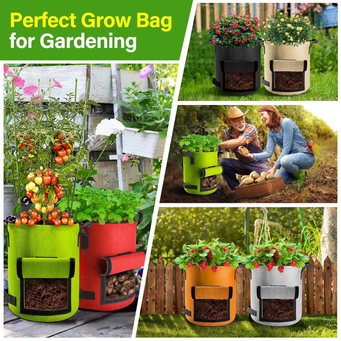 Suntee 6 Pack 10 Gallon Potato Grow Bags with Flap, Thickened Nonwoven Fabric Grow Bags for Growing Potatoes, Colorful Plant Grow Bags Pots Gardening Vegetable Potato Growing Bags with Durable Handles