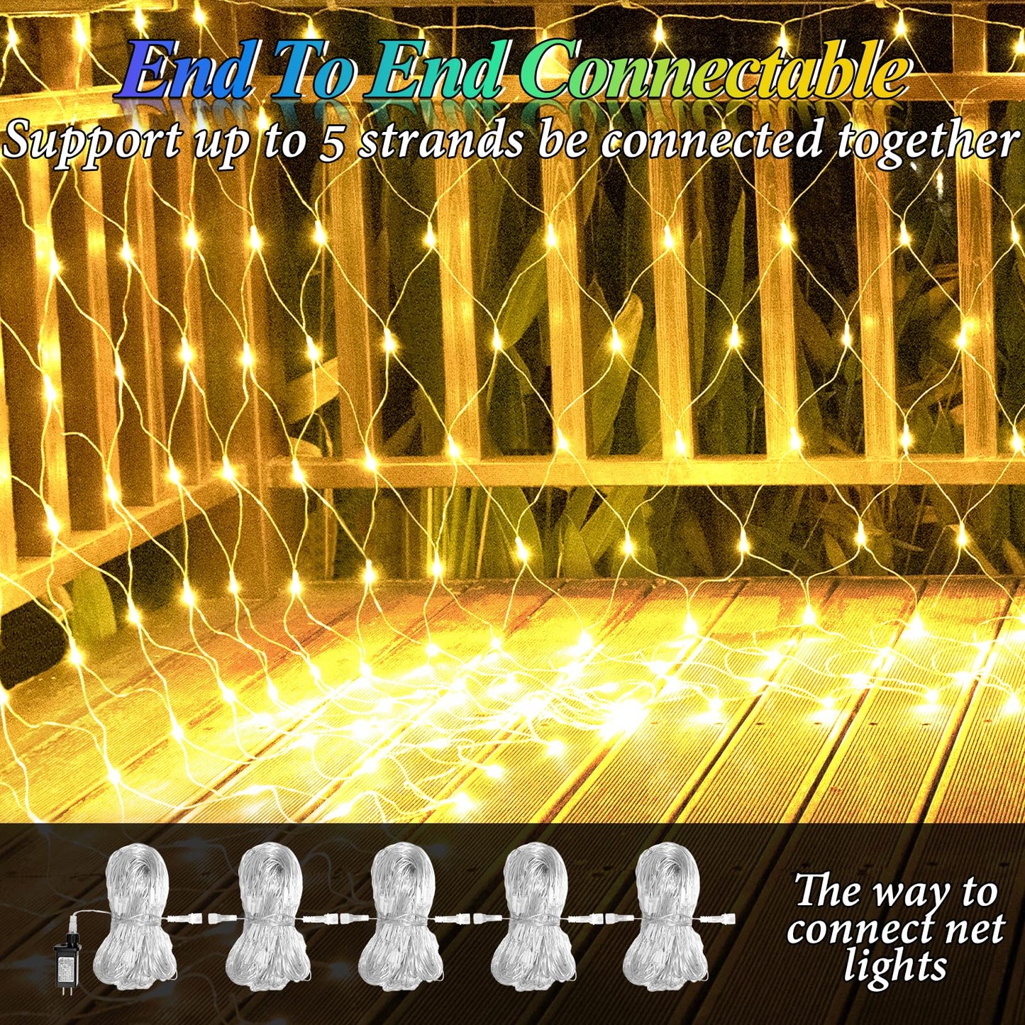 8ft x 8ft Net Lights, 180LED Gazebo Lights Outdoor 8 Modes Timer, Waterproof Connectable Christmas String Lights Clear Wire Plug in for Bushes Patio Pergolas Garden Holiday Party - Warm White