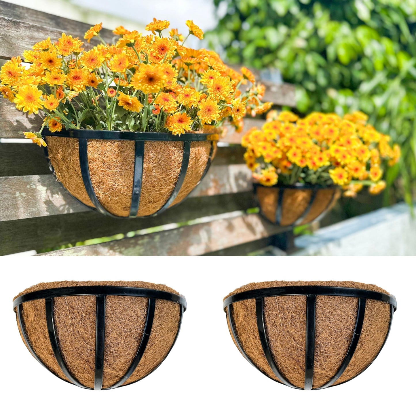 LalaGreen Wall Planters (2 Pack, 12 Inch) Black Metal Deck Railing Planter with Coco Liners, Wall Plant Holder Window Basket Flower Pots for Outdoor Plants, Horse Trough Fence, Balcony, Garden, Patio