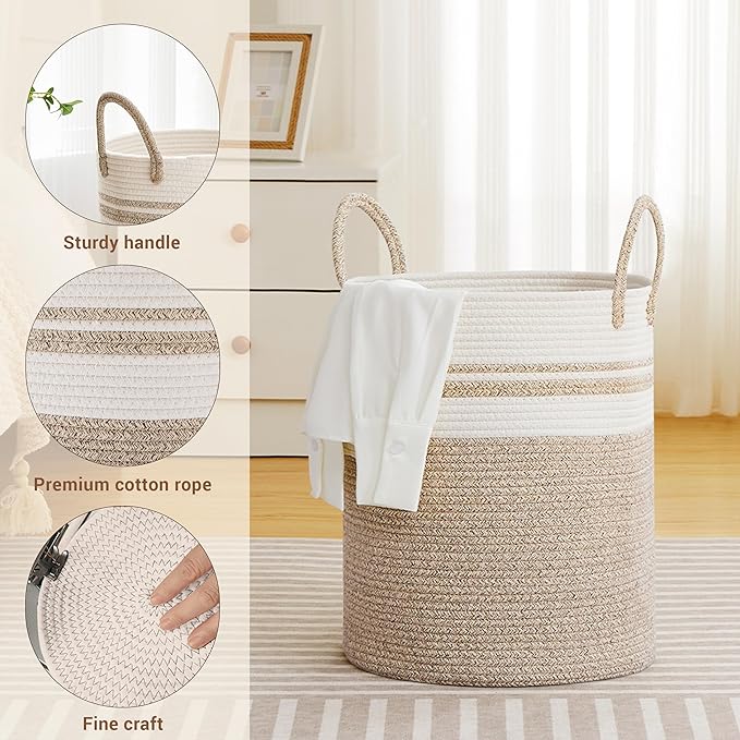 Tall Laundry Basket with Handles, 53L Portable Dirty Clothes Hamper, Boho