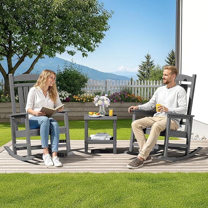 SERWALL Outdoor Rocking Chair Set of 4, HDPE Patio Rocking Chair, All-Weather Porch Rocker for Balcony, Yard, Dark Gray