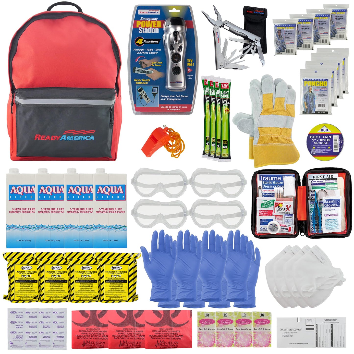 Ready America 72 Hour Deluxe Emergency Kit, 4-Person 3-Day Backpack, First Aid Kit, Survival Blanket, Power Station, Emergency Food, Portable Disaster Preparedness Go-Bag for Earthquake, Fire, Flood