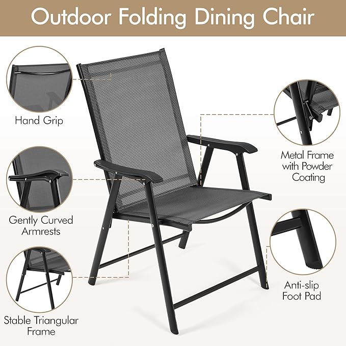 Yaheetech Patio Dining Chairs Set of 2 with Armrests, Outdoor Folding Chairs with Metal Frame and Backrest for Lawn, Garden, Yard and Poolside, Black