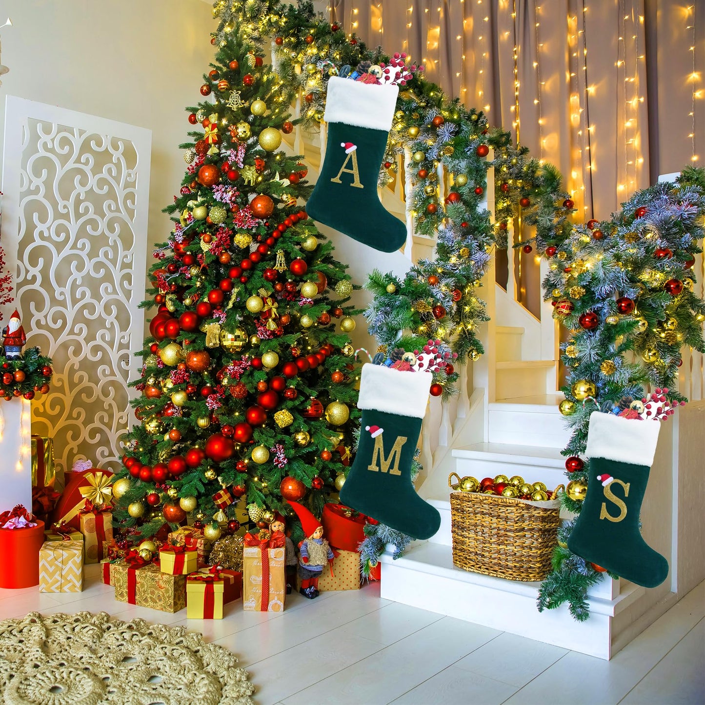 20 Inches Monogram Christmas Stockings with Letters, Large Super Soft Christmas Stockings Blackish Green Velvet with White Super Soft Plush Cuff for Xmas Tree Fireplace Gold Letter R