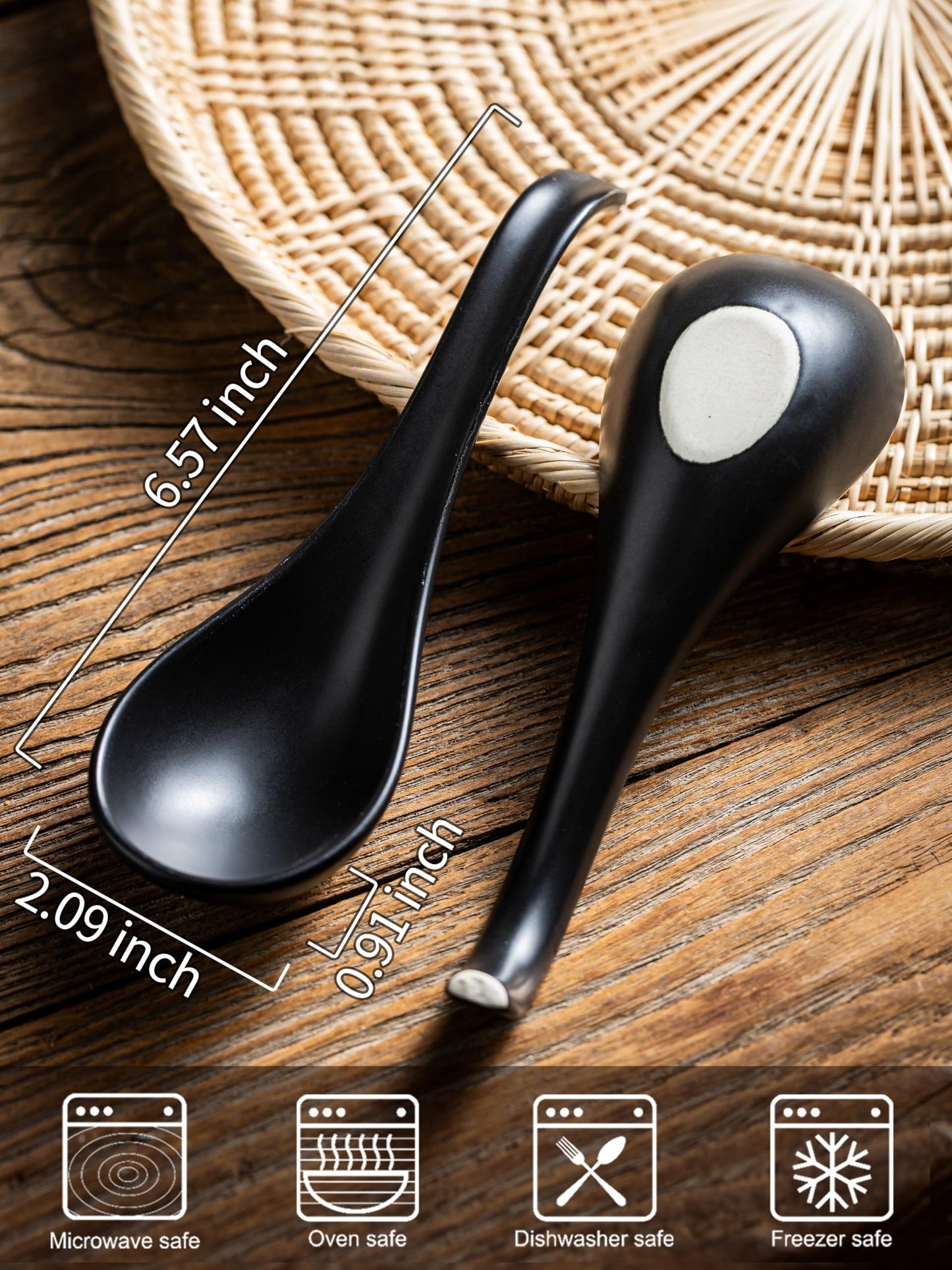 Gomakren Asian Soup Spoons, 6.5 Inch Ceramic Chinese Soup Spoons for Cereal, Ramen, Pho, Noodles, Stews, Father's Day Black Kitchen Spoons with Long Handle and Deep Oval Design - Set of 6